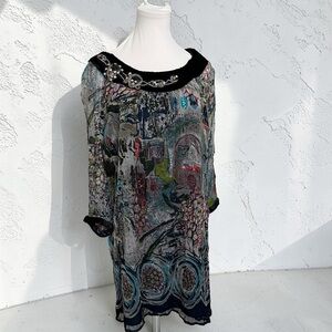 Boho Sheer Printed Tunic Dress • Embellished Neckline • Sequin Detail L